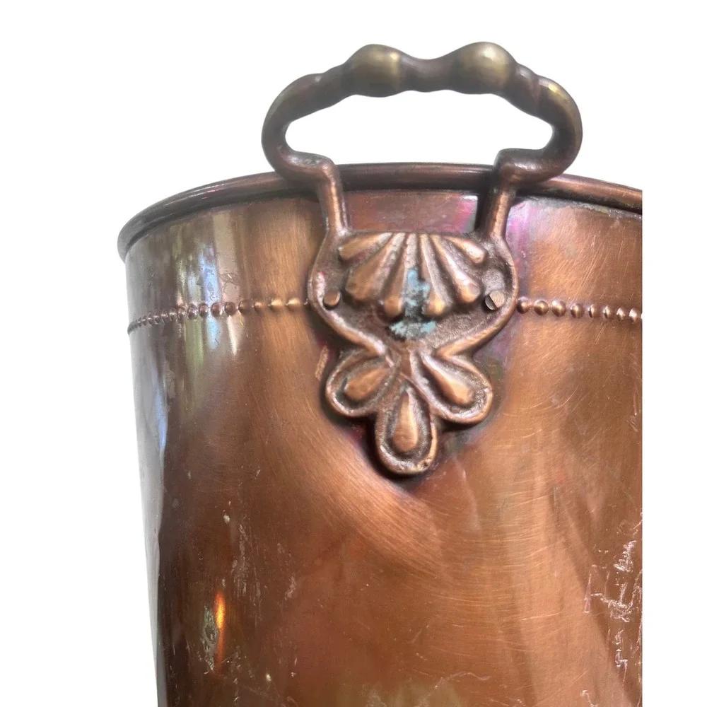 Vintage Solid Copper Bucket Wine Chiller Planter Beaded Trim Shell Handles 9
